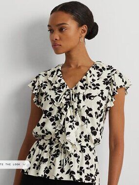 Leaf-Print Ruffle-Trim Jersey Peplum Top Lauren